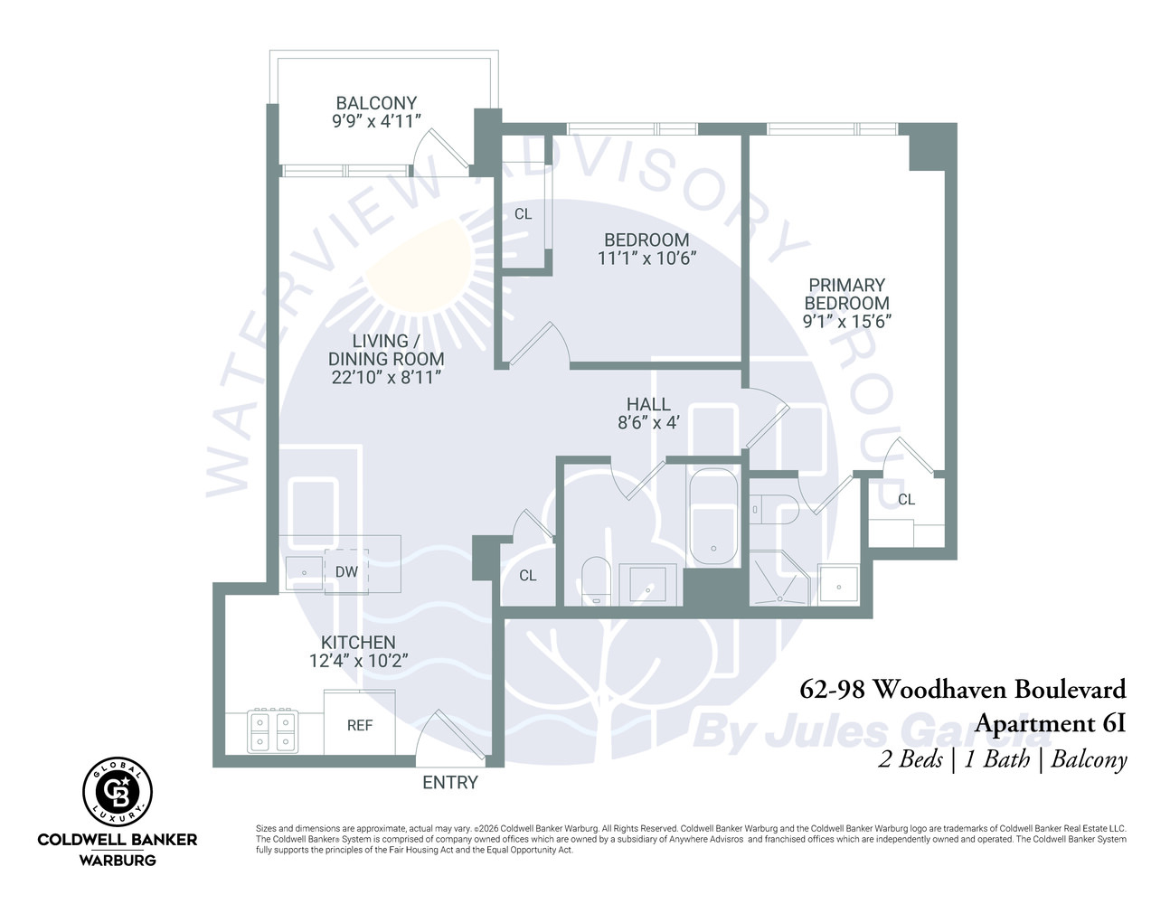 Two-bedroom apartment floor plan showing a balcony, living/dining room, kitchen, and labeled room dimensions.