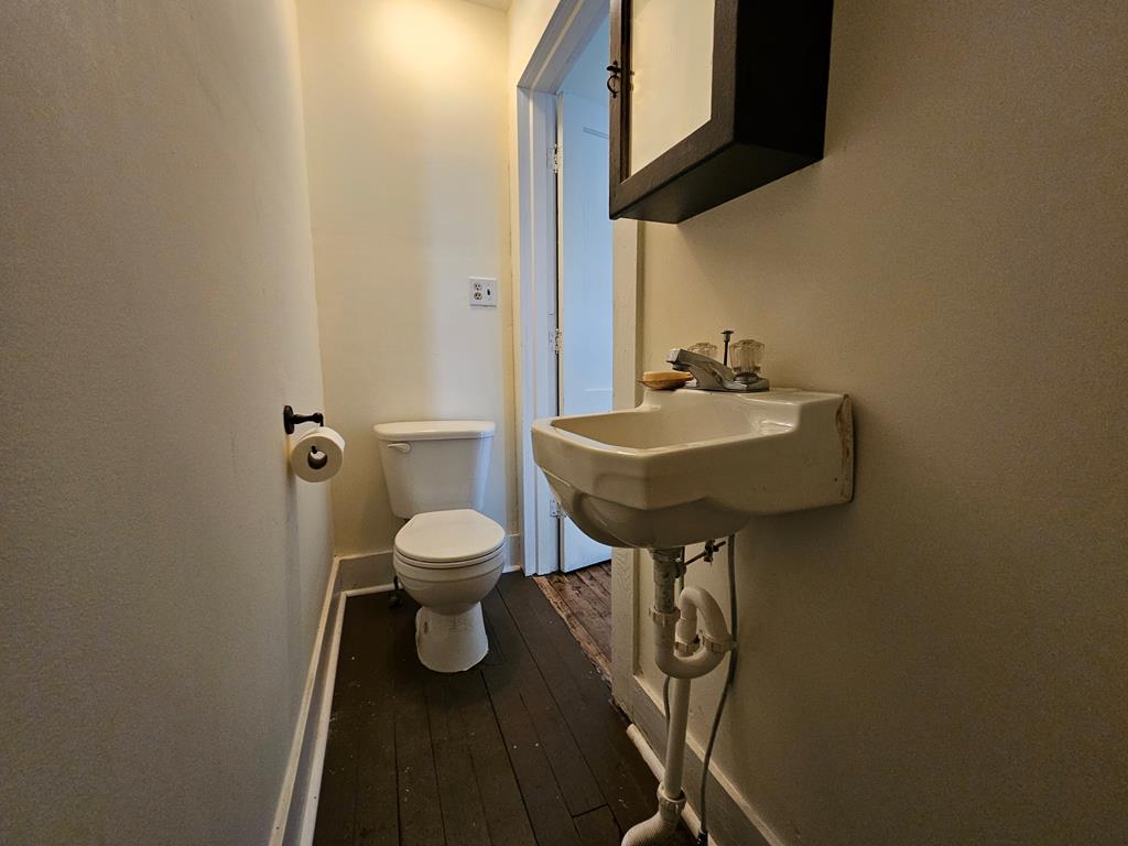Narrow bathroom with a toilet, wall-mounted sink, and dark plank flooring.