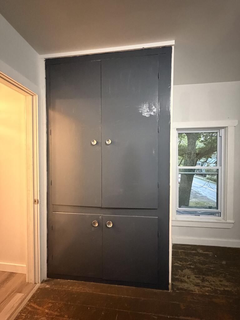 Dark built-in cabinet with four doors beside a window overlooking a tree and street.