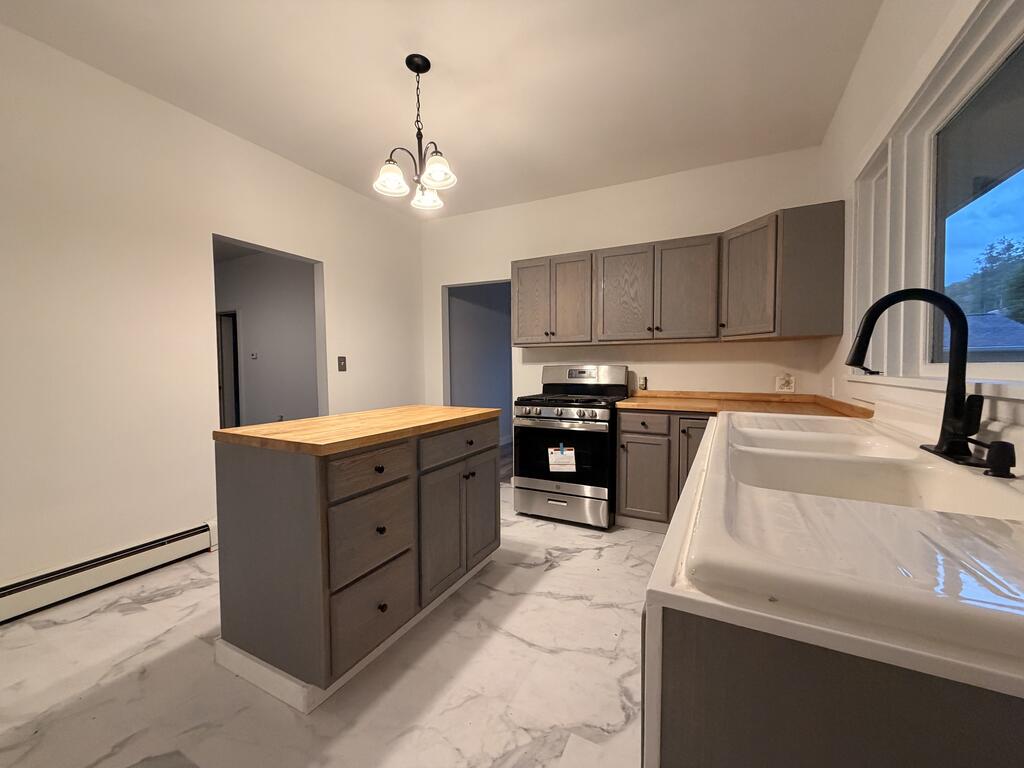 Kitchen with a butcher-block island, gray cabinets, and a double-basin sink.