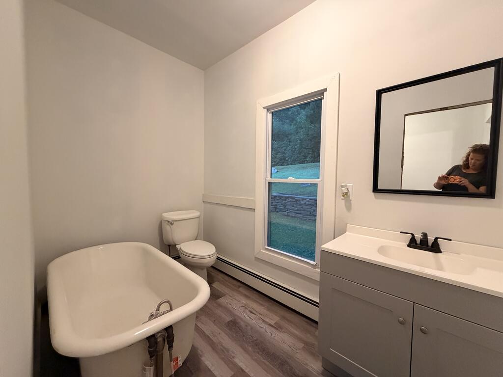 Bathroom with a freestanding white tub, toilet, gray vanity, and tall window.