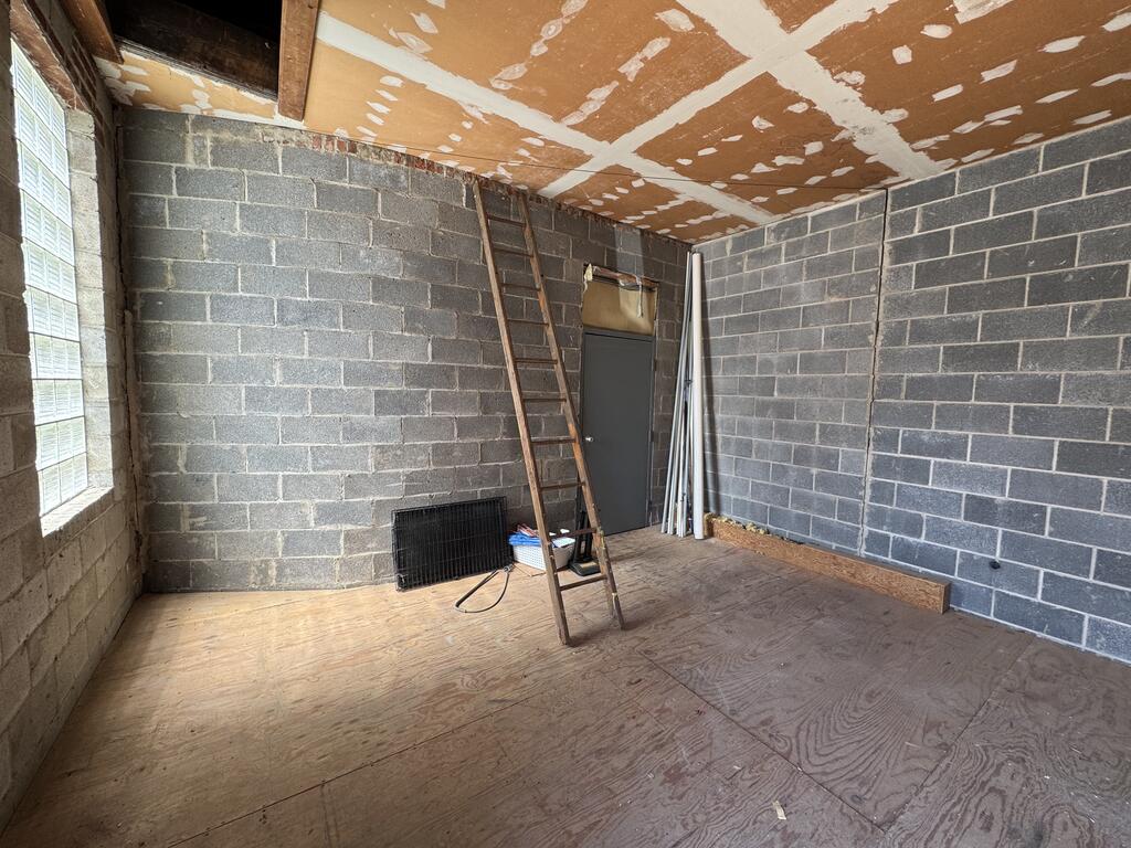Unfinished room with cinderblock walls, plywood flooring, and a ladder leaning beside the door.