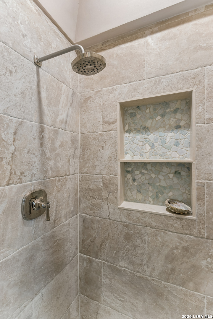 Tiled shower with a rain showerhead and two blue-gray mosaic-lined niches.