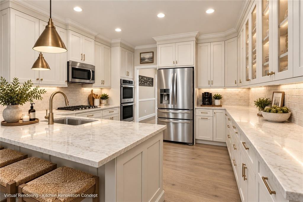 Virtual kitchen renovation with white cabinets, marble-look counters, a large island, and stainless steel appliances.