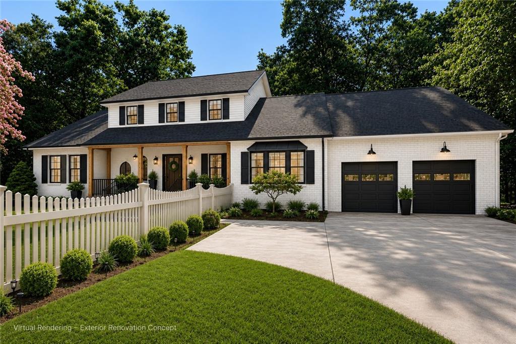 Rendered white home with black shutters, covered porch, and two-car garage.