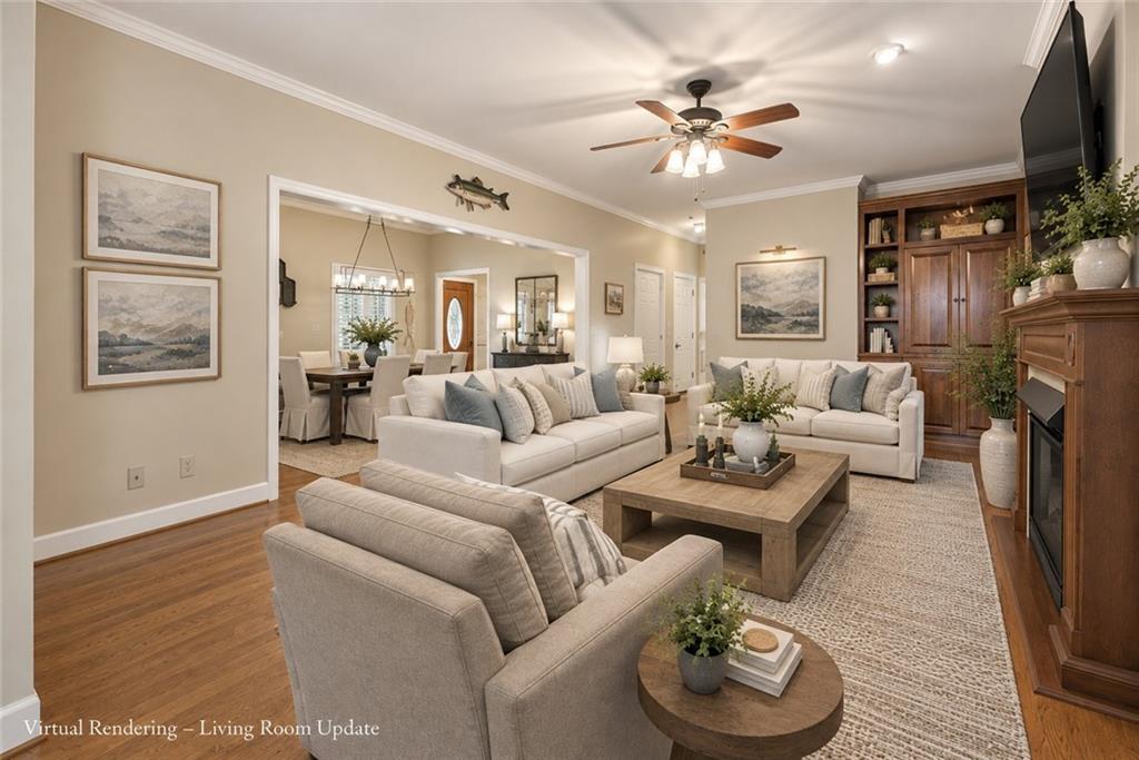 Virtually rendered living room with neutral seating, a wood coffee table, and an adjoining dining area.