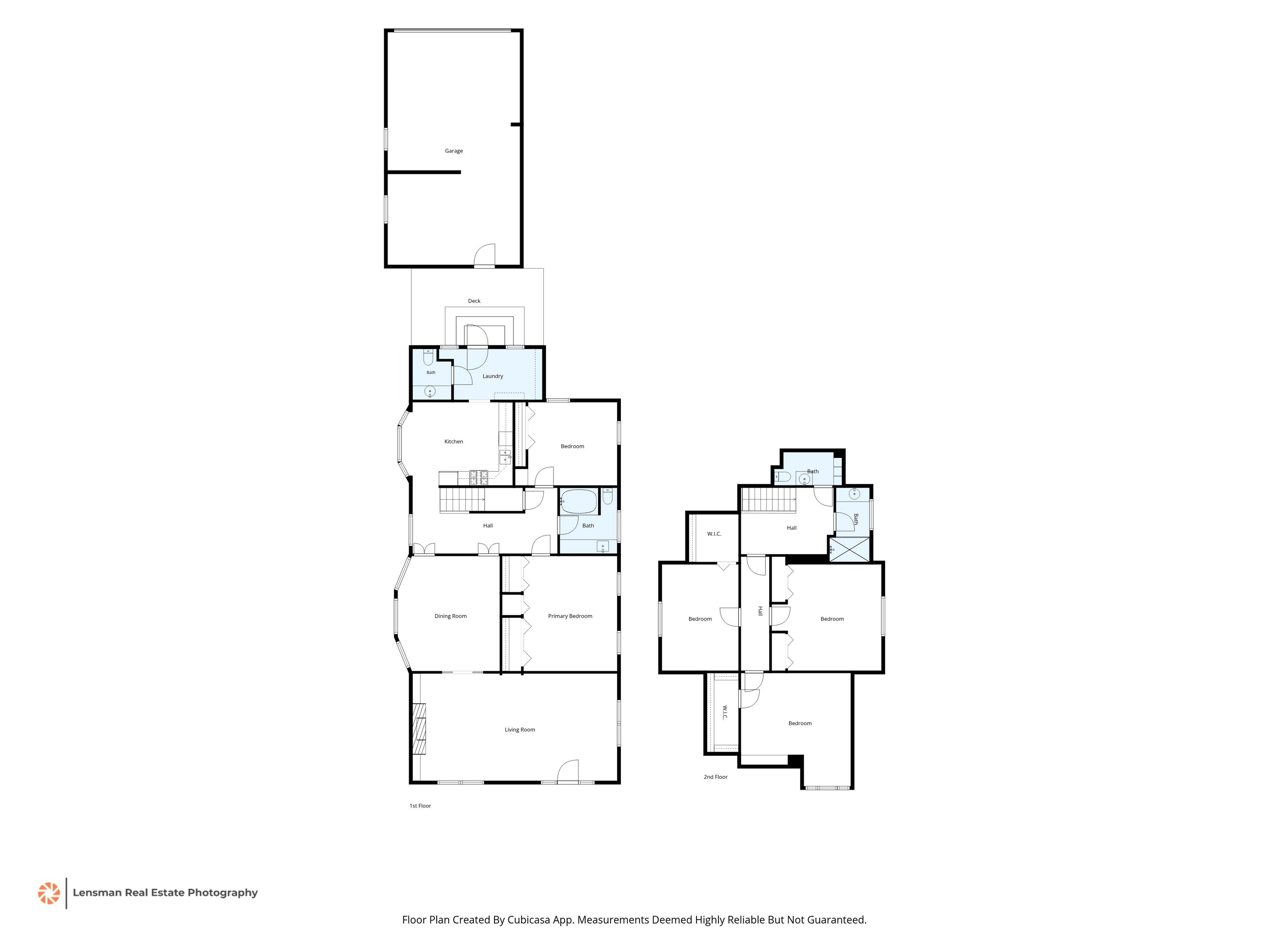 Two-story home floor plan with labeled rooms, including a garage, deck, living room, and multiple bedrooms.