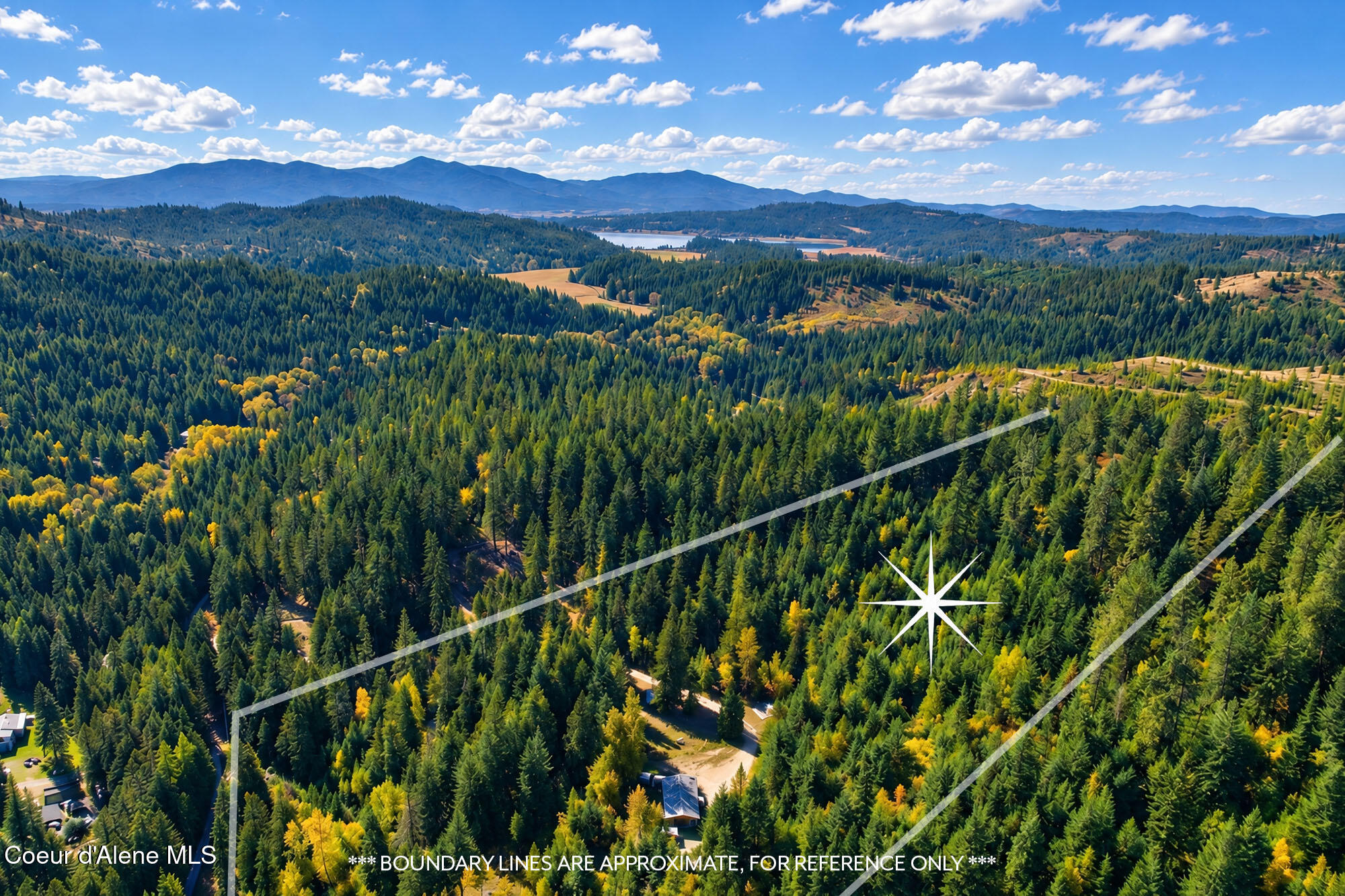 Aerial view of forested acreage outlined by boundary lines, with a lake and mountains in the distance.