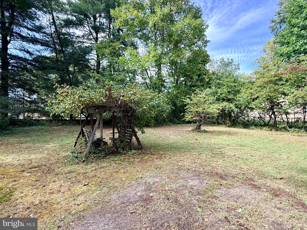 Grassy backyard bordered by mature trees, with a vine-covered wooden garden structure.