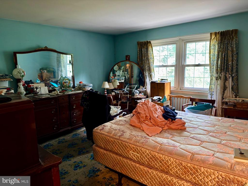 Bedroom with teal walls, a large bed, dark wood dressers, and tall curtained windows.