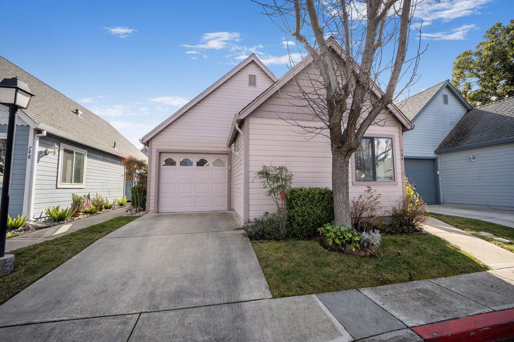 Pink single-story house with an attached garage, wide driveway, and leafless tree in the front yard.
