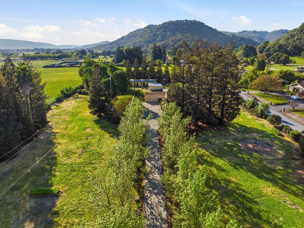 Aerial view of a tree-lined property and driveway with green fields and wooded hills beyond.