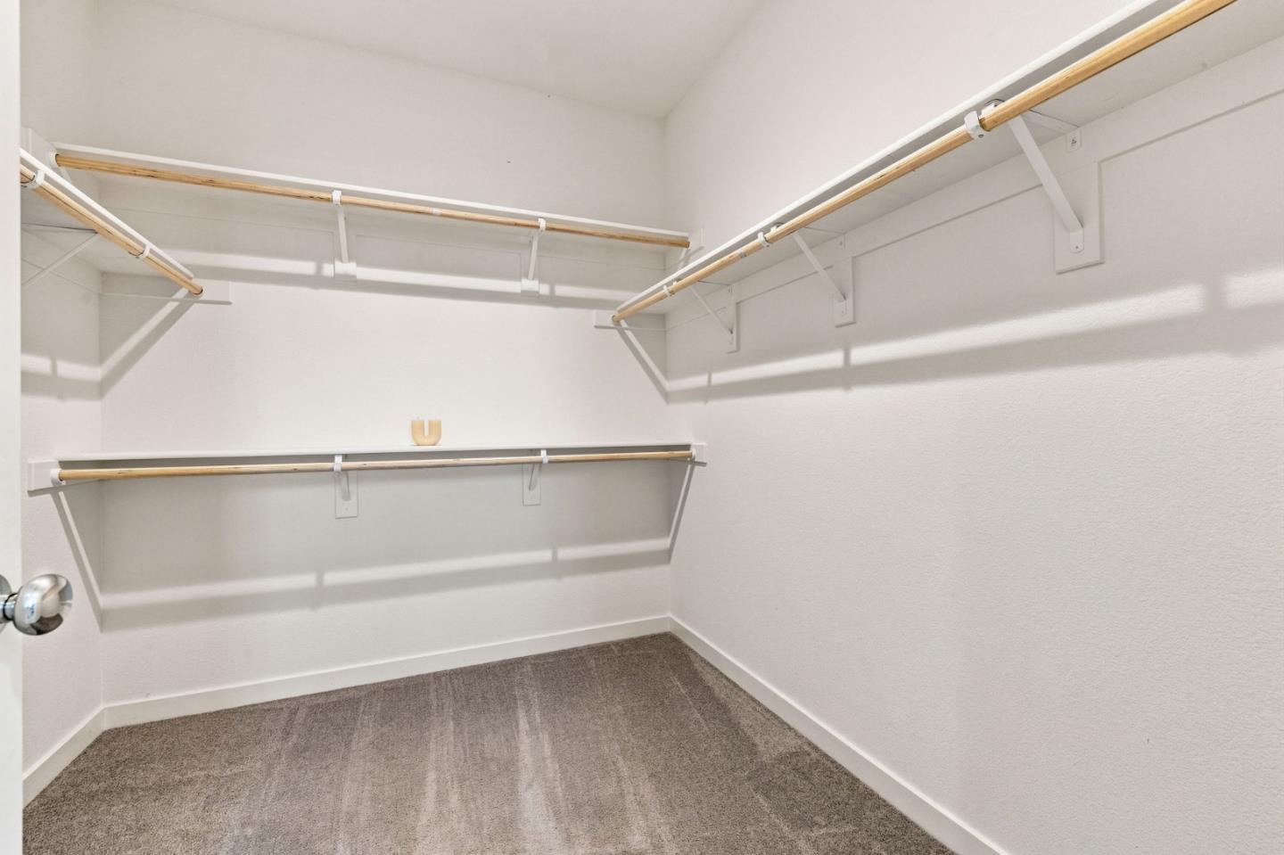Walk-in closet with beige carpet and wraparound shelves and hanging rods.