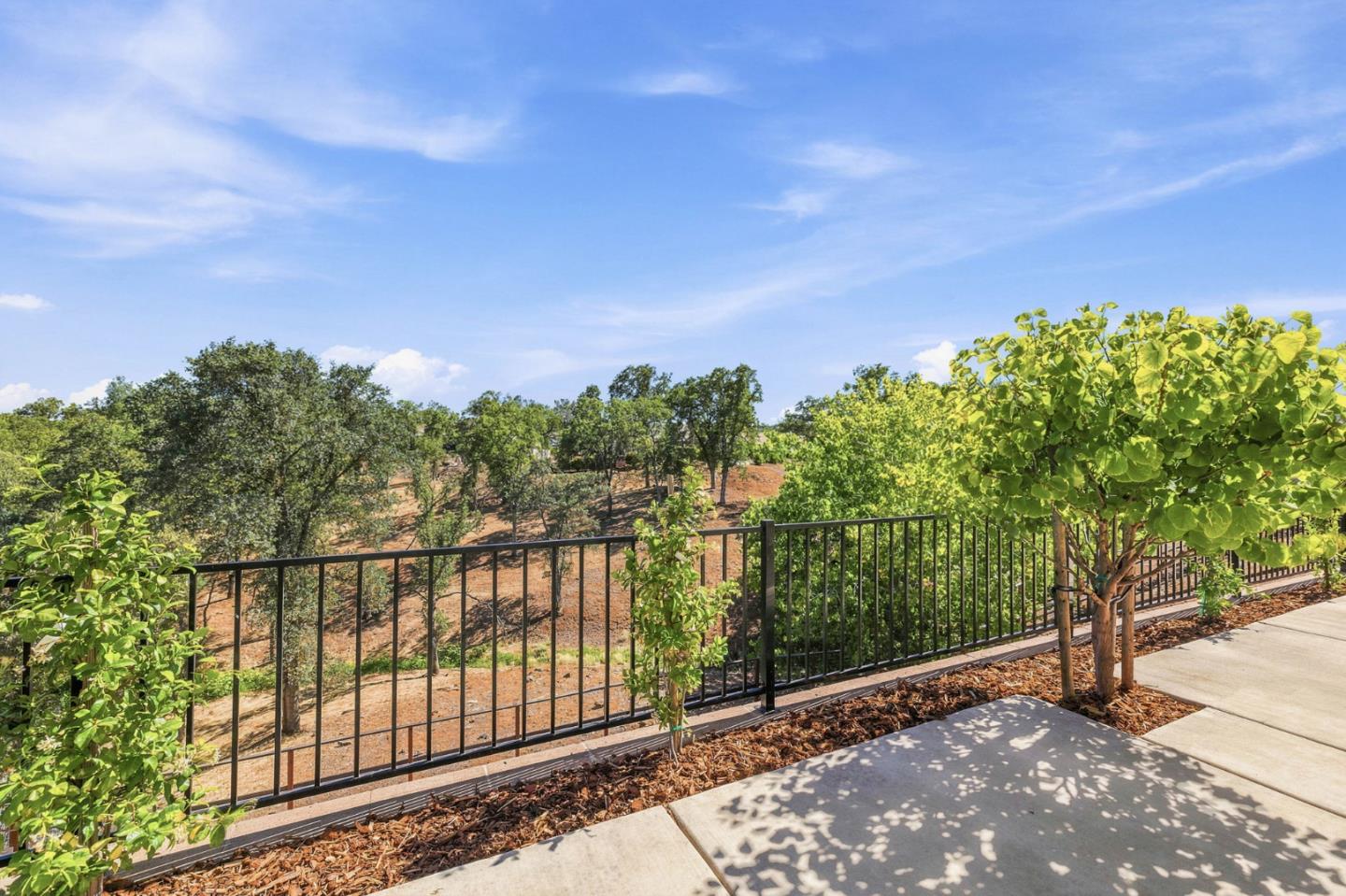 Concrete patio overlooking a fenced landscaped yard and dry, tree-dotted hillside.
