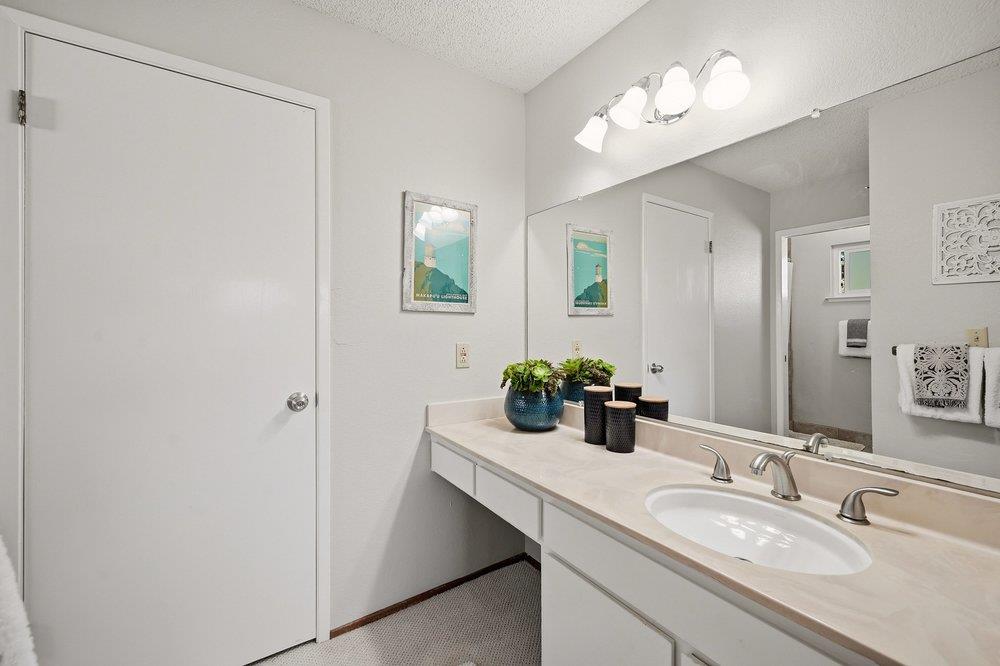 Bathroom vanity with a large mirror, oval sink, chrome faucets, and decorative plants and canisters.