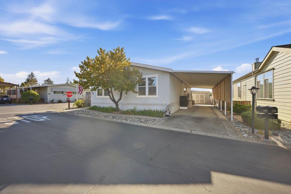 Single-story home with a covered carport, front garden and leafy tree beside a residential street.