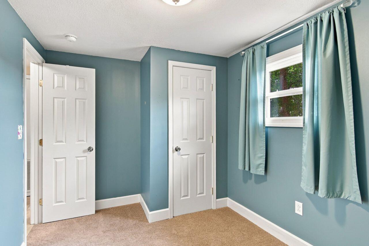 Empty teal room with beige carpet, two white doors, and a curtained window.