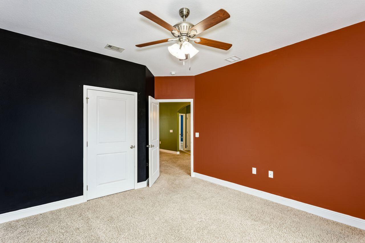 Empty bedroom with black and rust-red walls, carpet, and a ceiling fan.