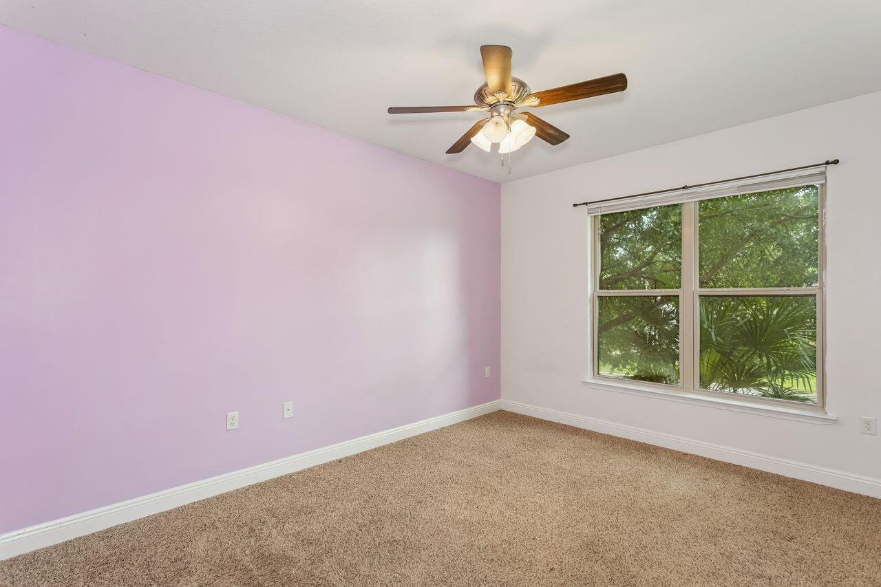 Empty bedroom with a lavender wall, beige carpet, ceiling fan, and large window overlooking greenery.