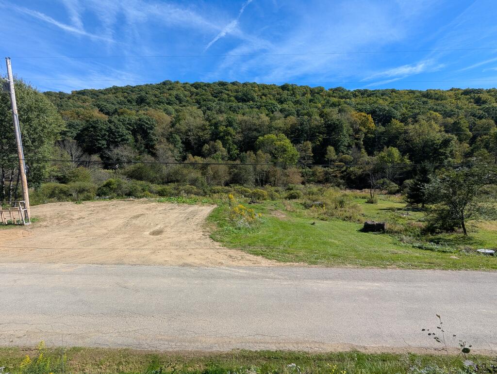 Cleared roadside lot with grassy areas and wooded hills beneath a blue sky.