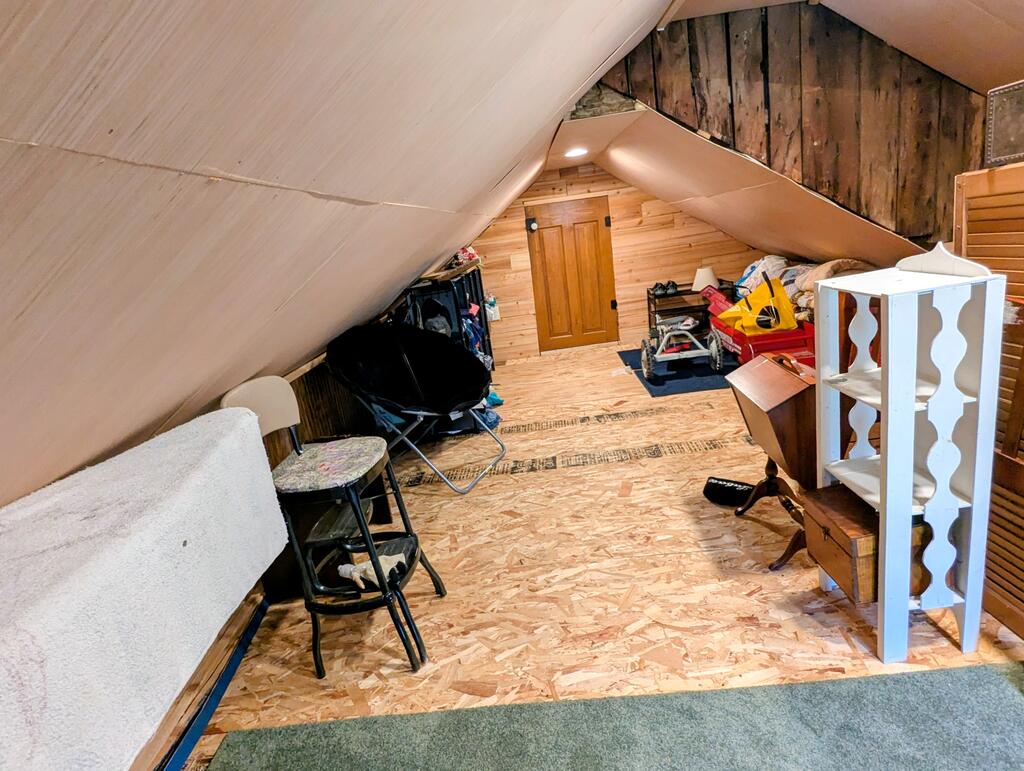 Attic storage space with sloped ceilings, a plywood floor, and a wooden door.