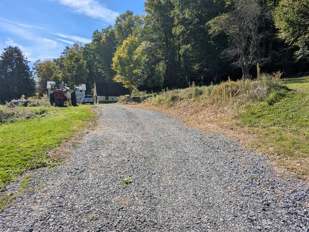 Gravel driveway leading to rural buildings beside a wooded hillside.