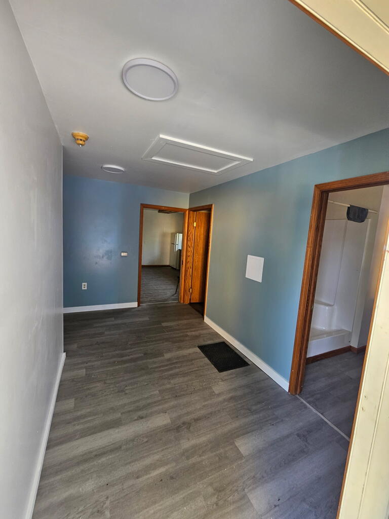 Interior hallway with gray plank flooring, blue walls, and a bathroom doorway.