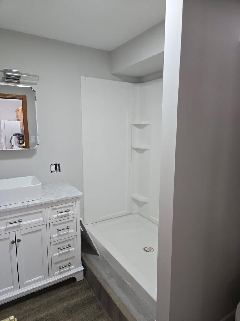 Bathroom with a white vanity and sink beside a white walk-in shower with built-in corner shelves.