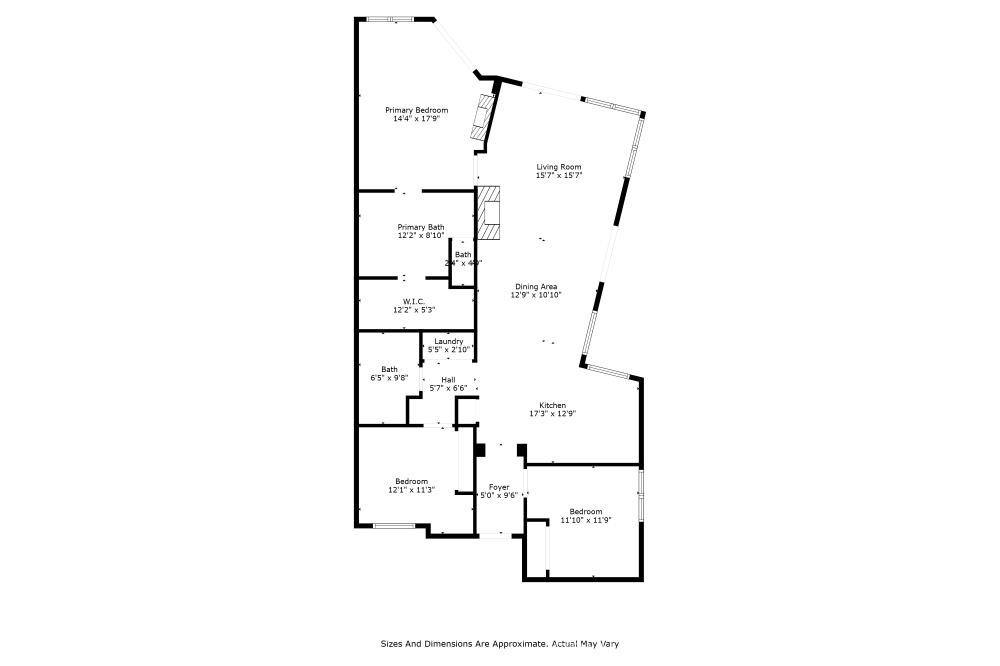 Floor plan showing three bedrooms, a living room, dining area, kitchen, and approximate room dimensions.