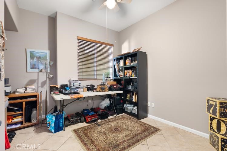 Home office with a cluttered desk, tall shelves, and a patterned rug.