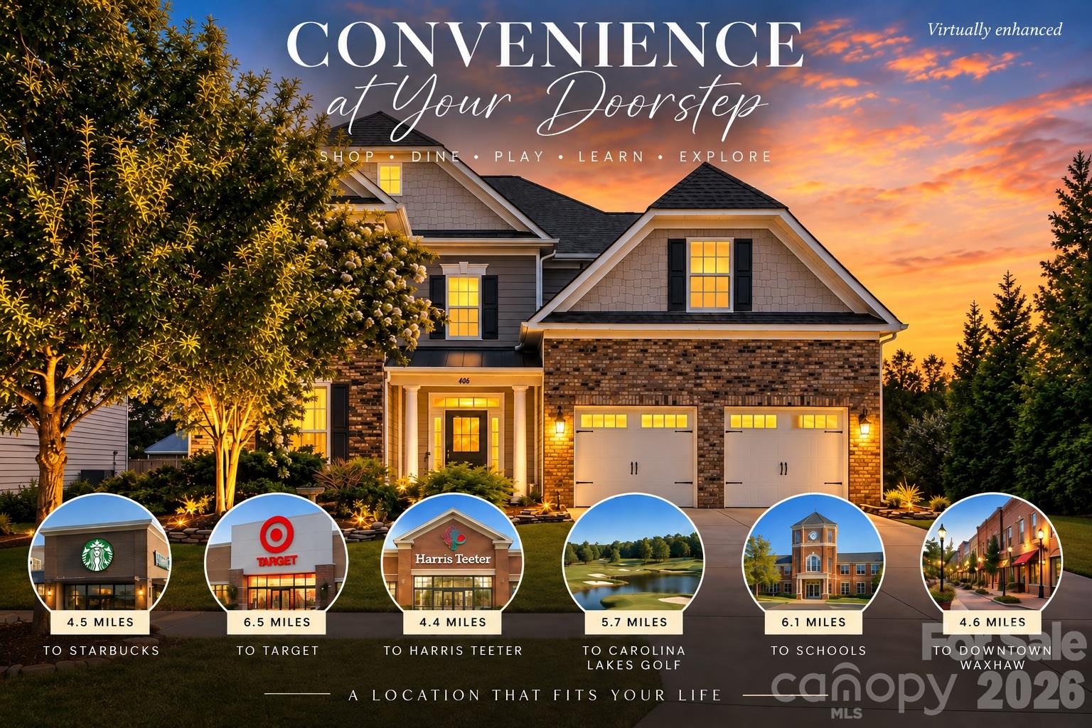 Convenience at your doorstep: home and nearby shopping, golf, schools, and downtown Waxhaw.