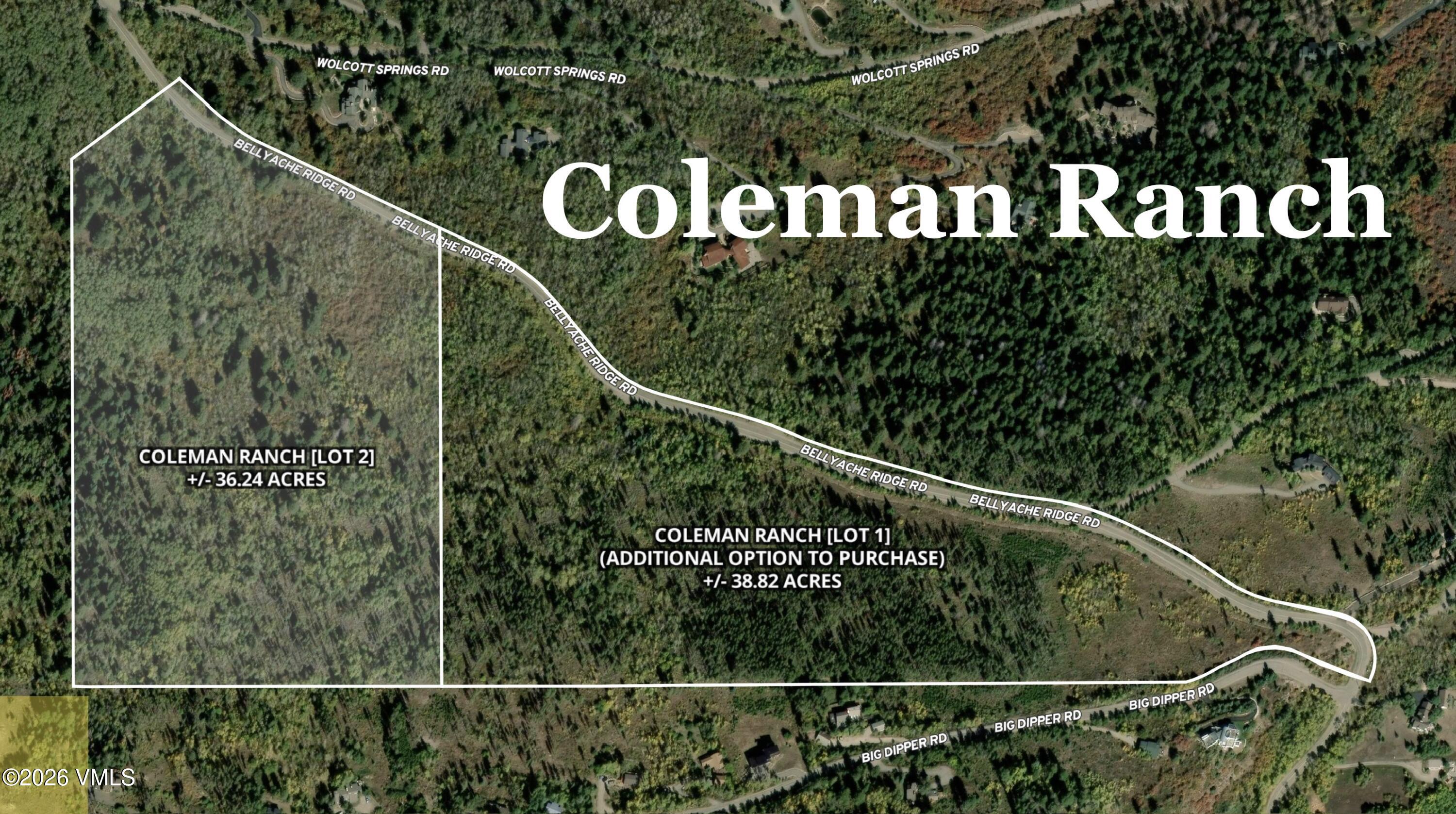 Aerial map outlining wooded 36.24-acre Lot 2 at Coleman Ranch beside Bellyache Ridge Road.