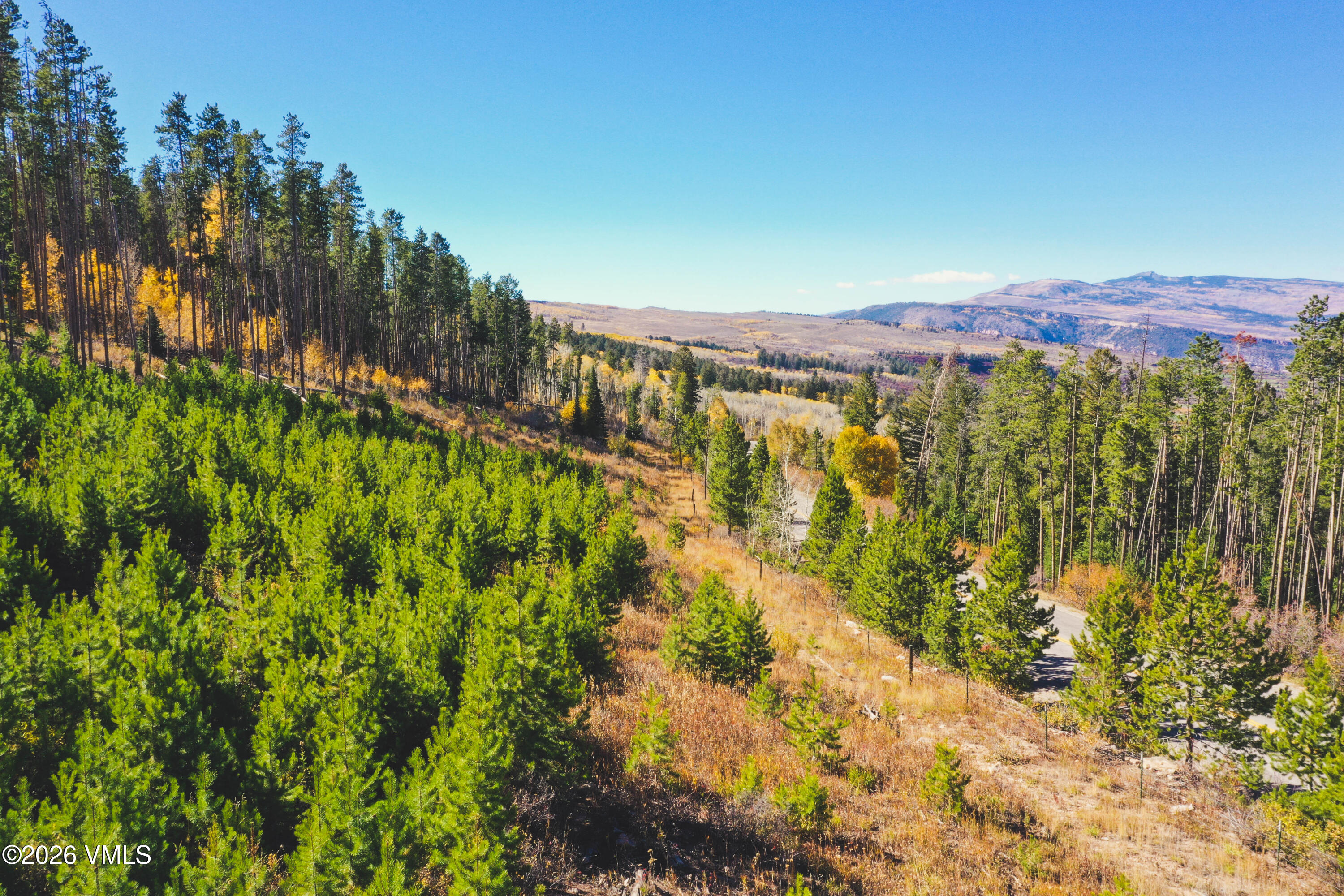 Wooded hillside lot with autumn trees, a curving road, and distant mountain views.
