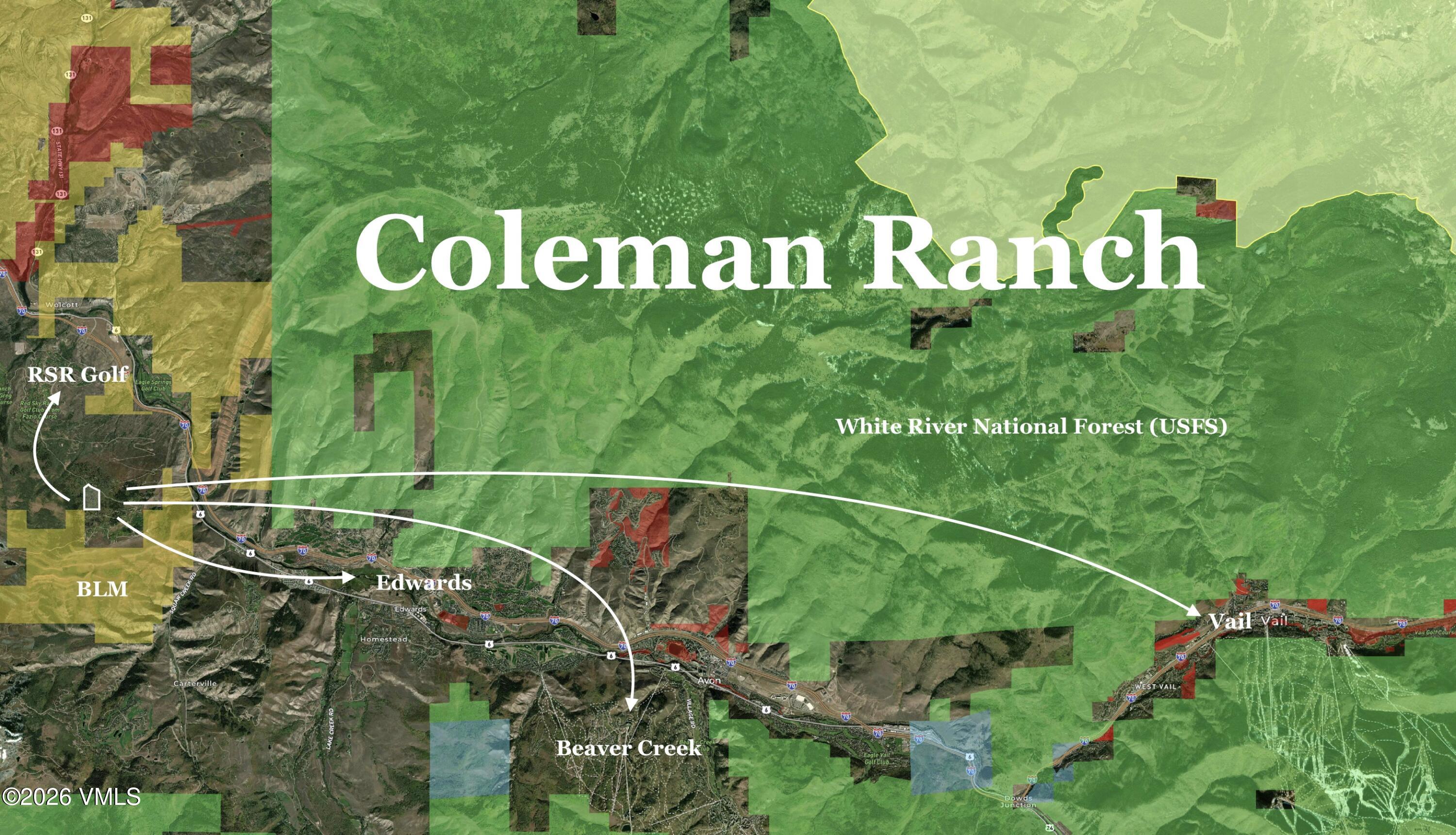 Map showing Coleman Ranch and routes to Edwards, Beaver Creek, and Vail.