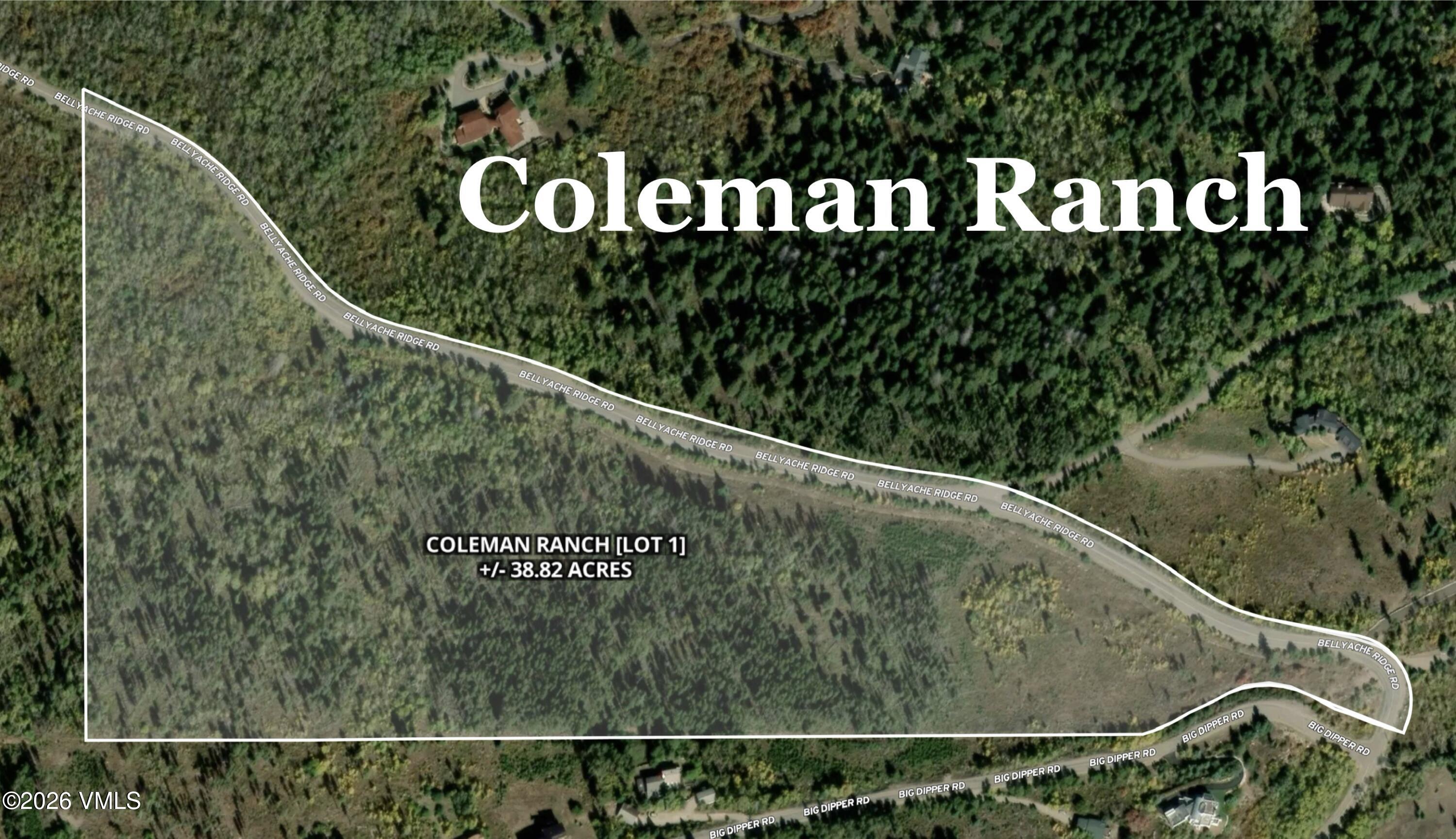 Aerial map outlining Coleman Ranch Lot 1, approximately 38.82 acres, along Bellyache Ridge Road.