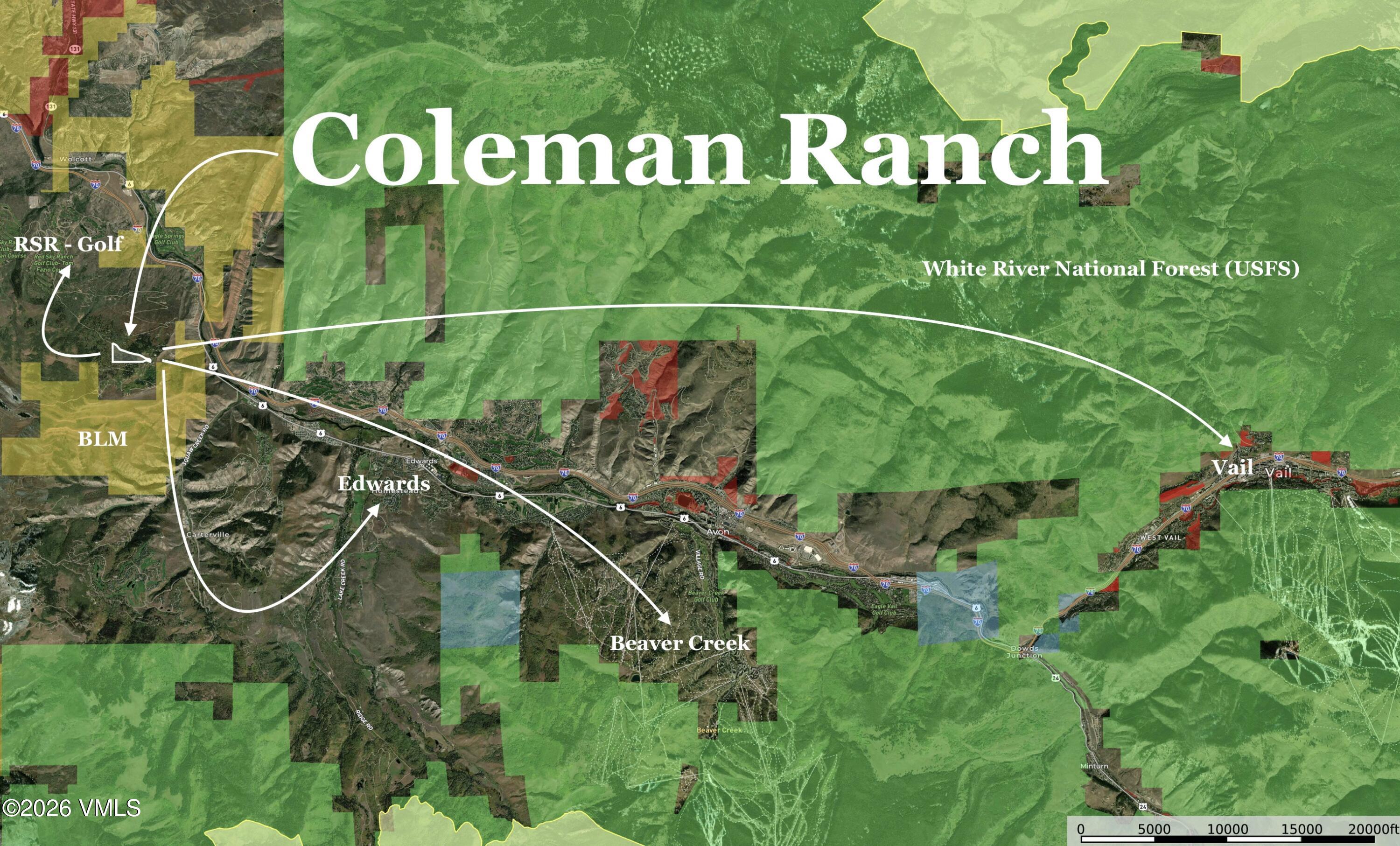 Map of Coleman Ranch and surrounding public lands, with routes to Edwards, Beaver Creek, and Vail.