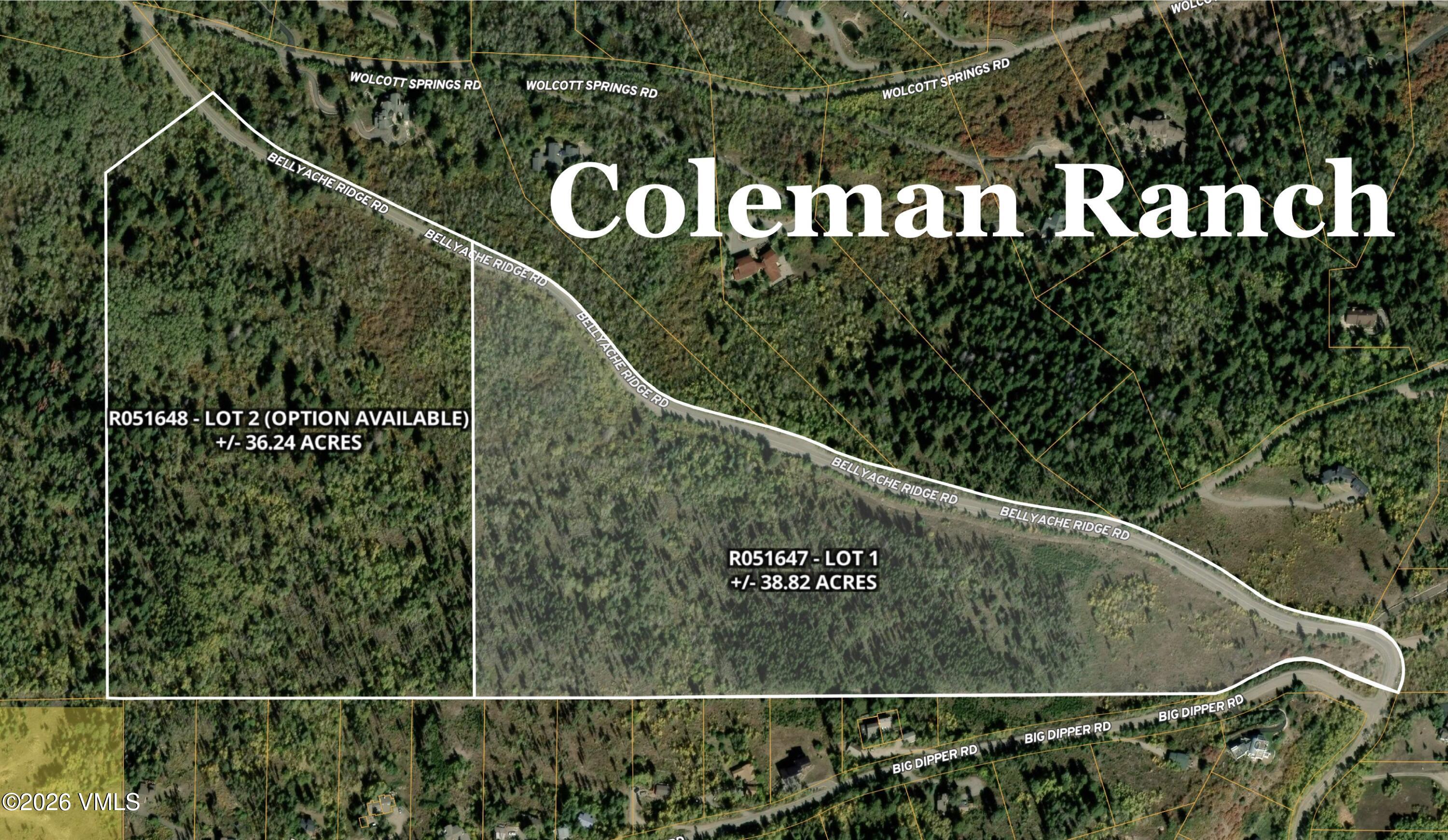 Aerial parcel map of wooded Lot 1 at Coleman Ranch, outlined along Bellyache Ridge Road.
