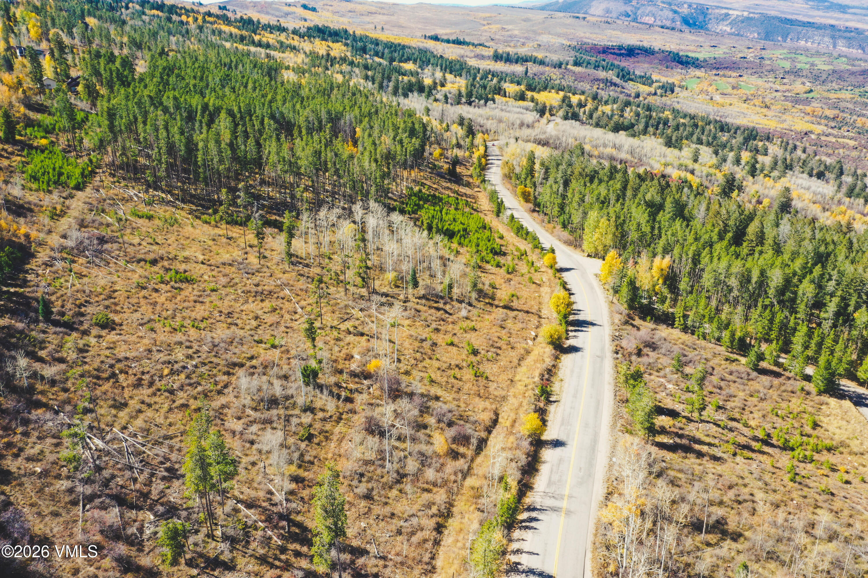 Aerial view of wooded land beside a winding road, with autumn foliage and distant mountain ridges.