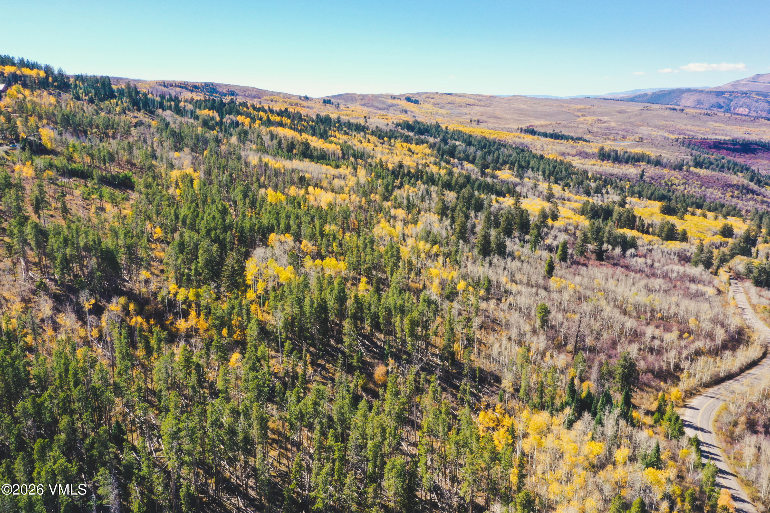 Aerial view of autumn forested land with a winding road and distant mountain ridges.