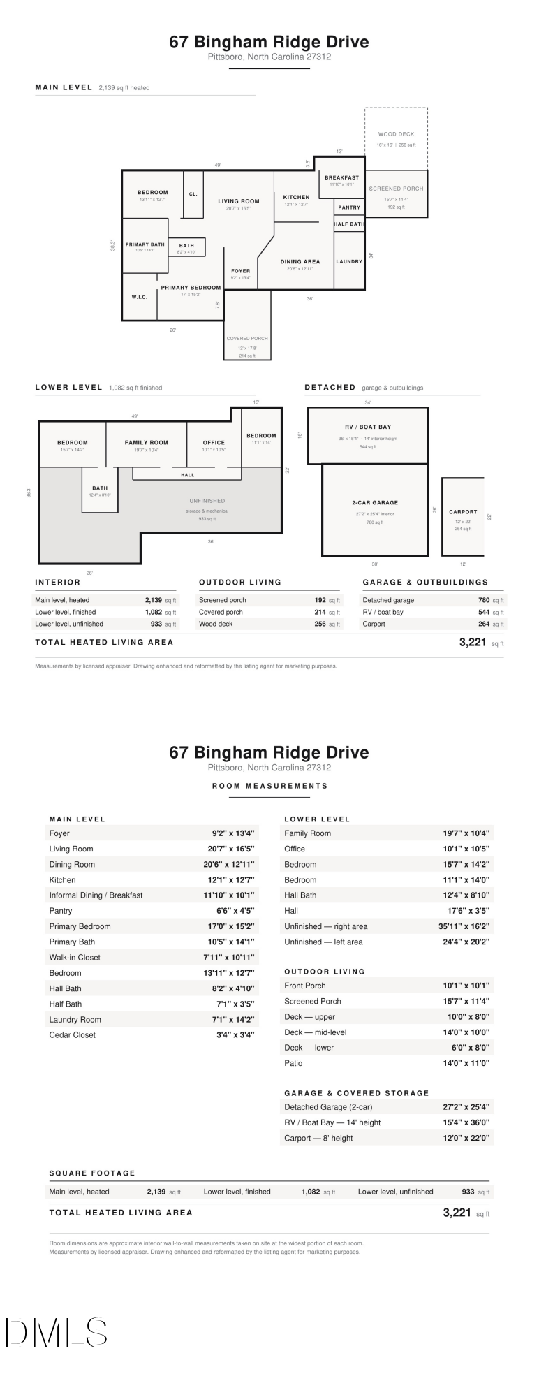 Floor plans and room measurements for 67 Bingham Ridge Drive, including a detached garage and 3,221 square feet of heated living area.