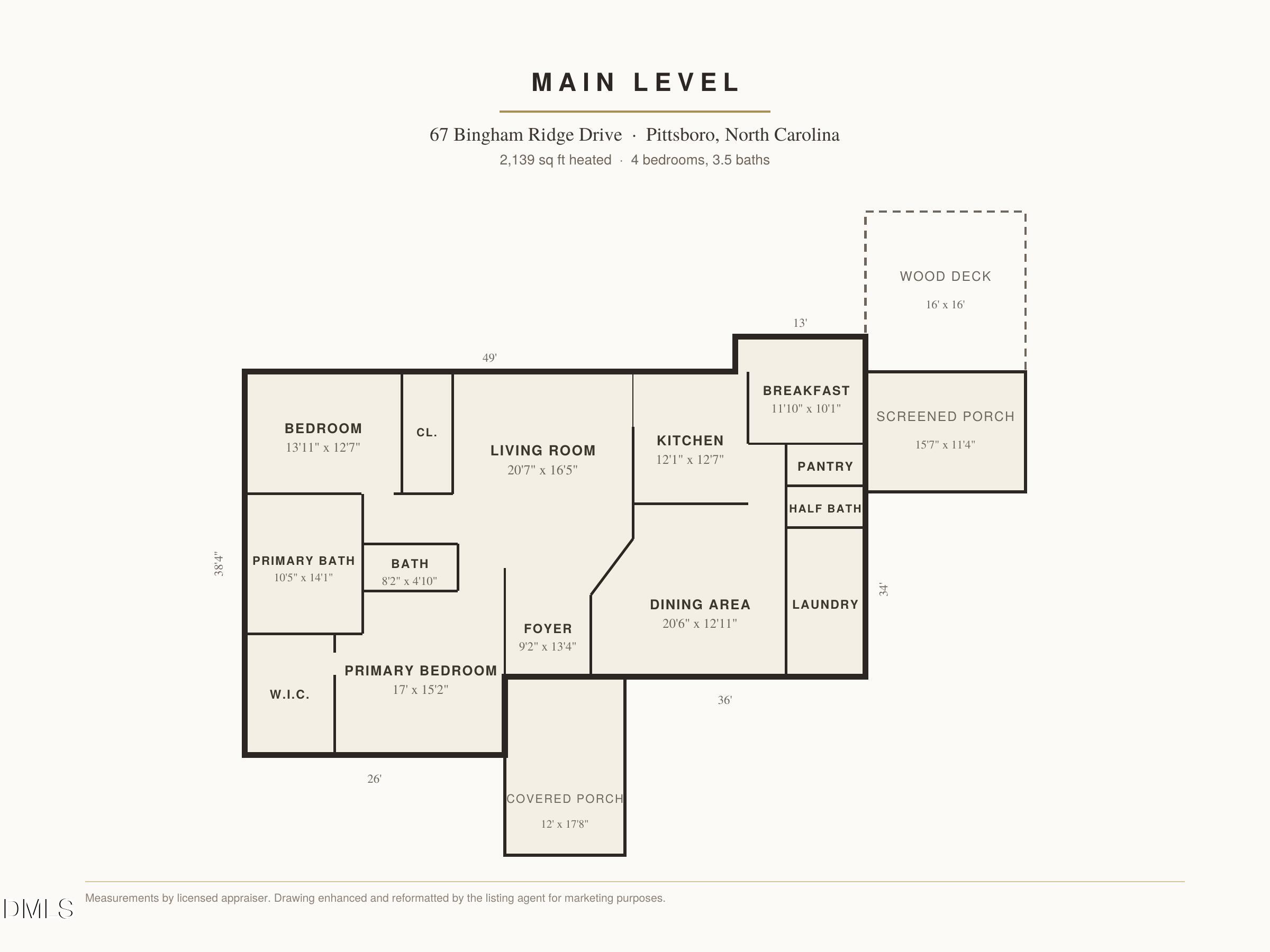 Main-level floor plan showing four bedrooms, shared living spaces, and a screened porch, covered porch, and deck.