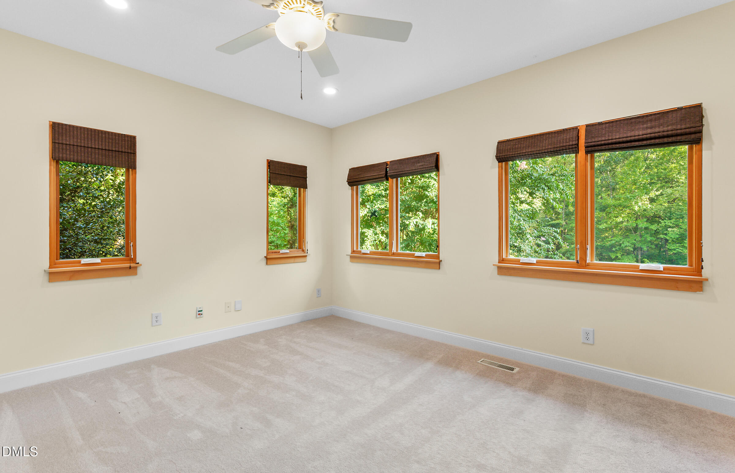 Empty carpeted room with wood-trimmed windows overlooking leafy trees.