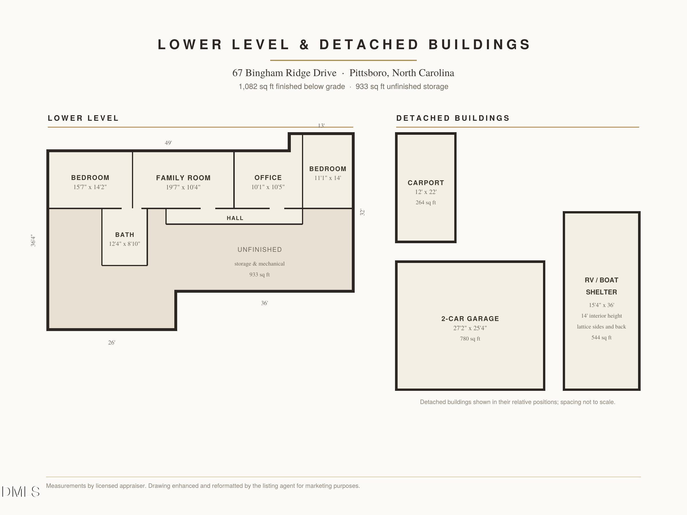 Lower-level floor plan with two bedrooms and detached carport, two-car garage, and RV or boat shelter.