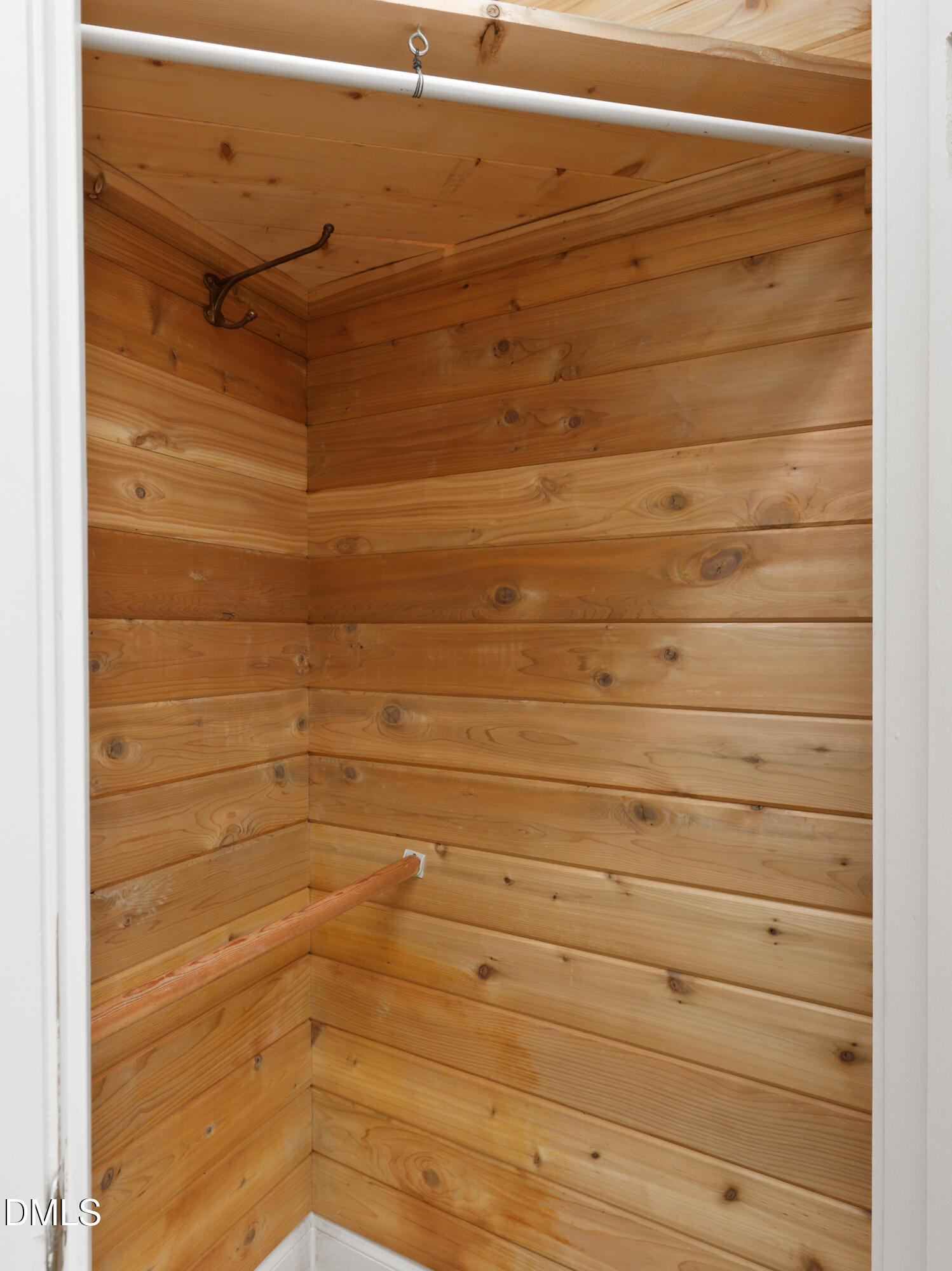 Cedar-lined closet with a white clothes rod and dark metal wall hook.