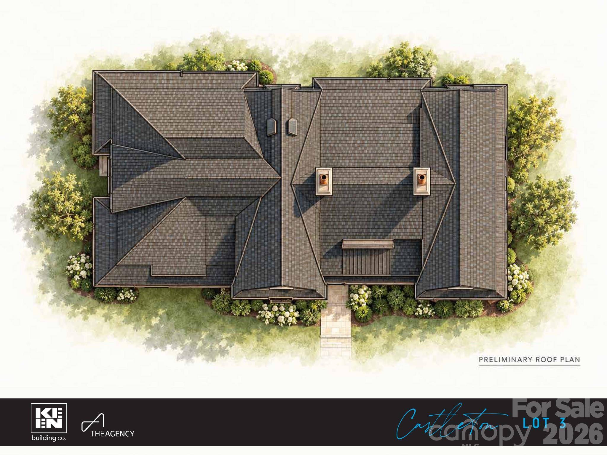 Preliminary roof plan showing a shingled home, chimneys, landscaping, and front walkway.