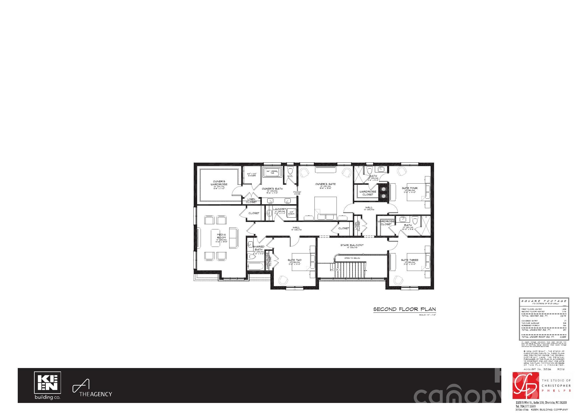 Second-floor plan showing bedrooms, bathrooms, a media room, laundry, and a stair balcony.