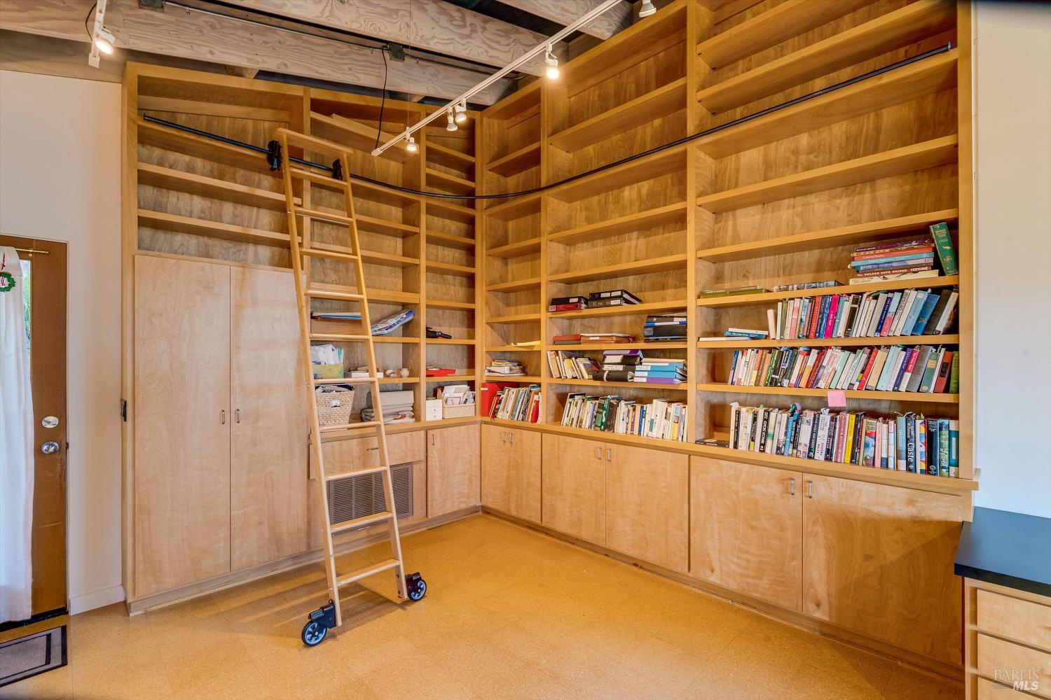 Home library with extensive wood shelving, book collections, and a rolling ladder.