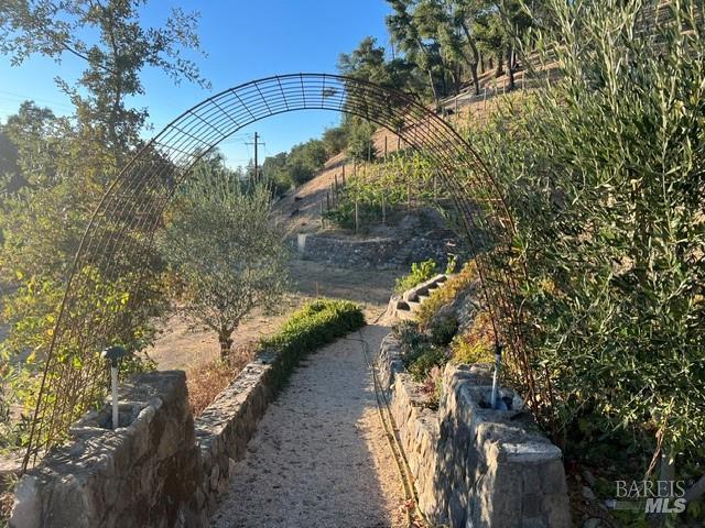 Stone garden path beneath a curved metal trellis, bordered by low stone walls and hillside landscaping.