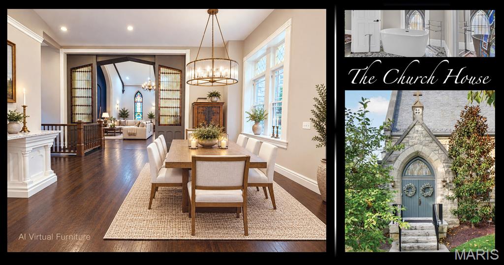 Dining room opening into a living room, with dark wood floors and a chandelier; stone church-style entrance shown alongside.