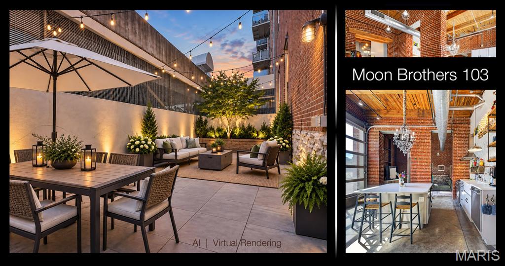 Rooftop patio with dining and lounge seating, alongside views of a brick-walled loft interior.